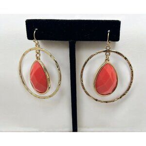 Gold Tone Hoop Earrings With Coral Faceted Teardrop Dangle Center